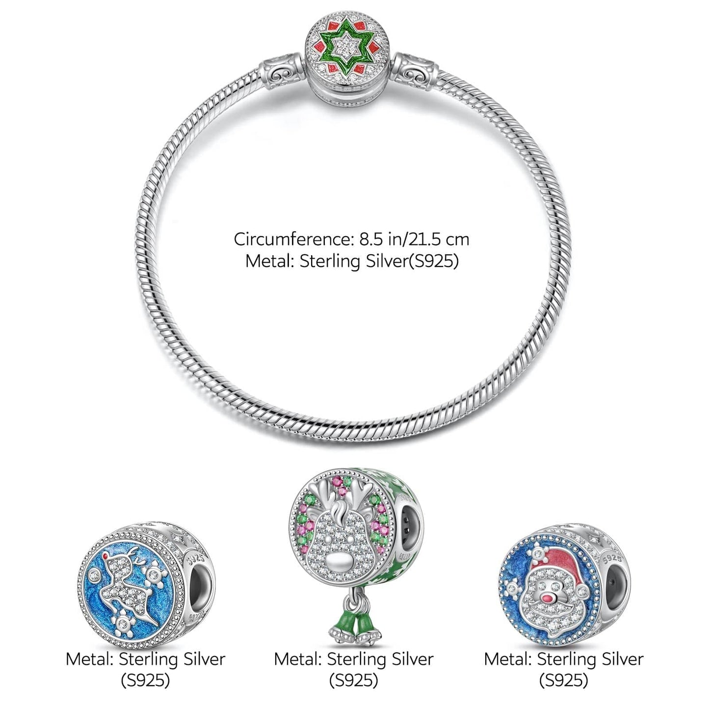 Sterling Silver Snowy Christmas Charms Bracelet Set With Enamel In White Gold Plated