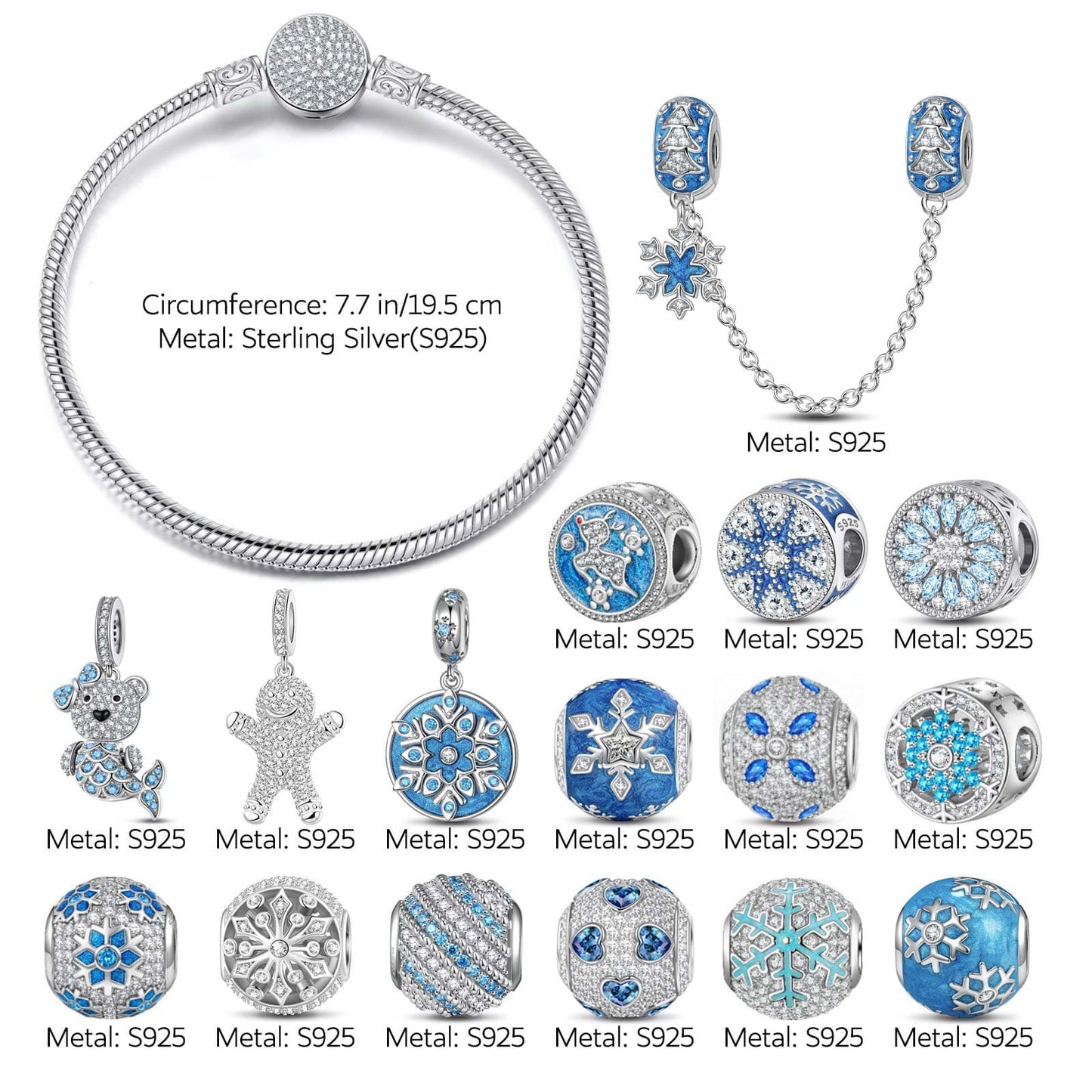 Sterling Silver Snow Queen's Delight Charms Bracelet Set With Enamel In White Gold Plated