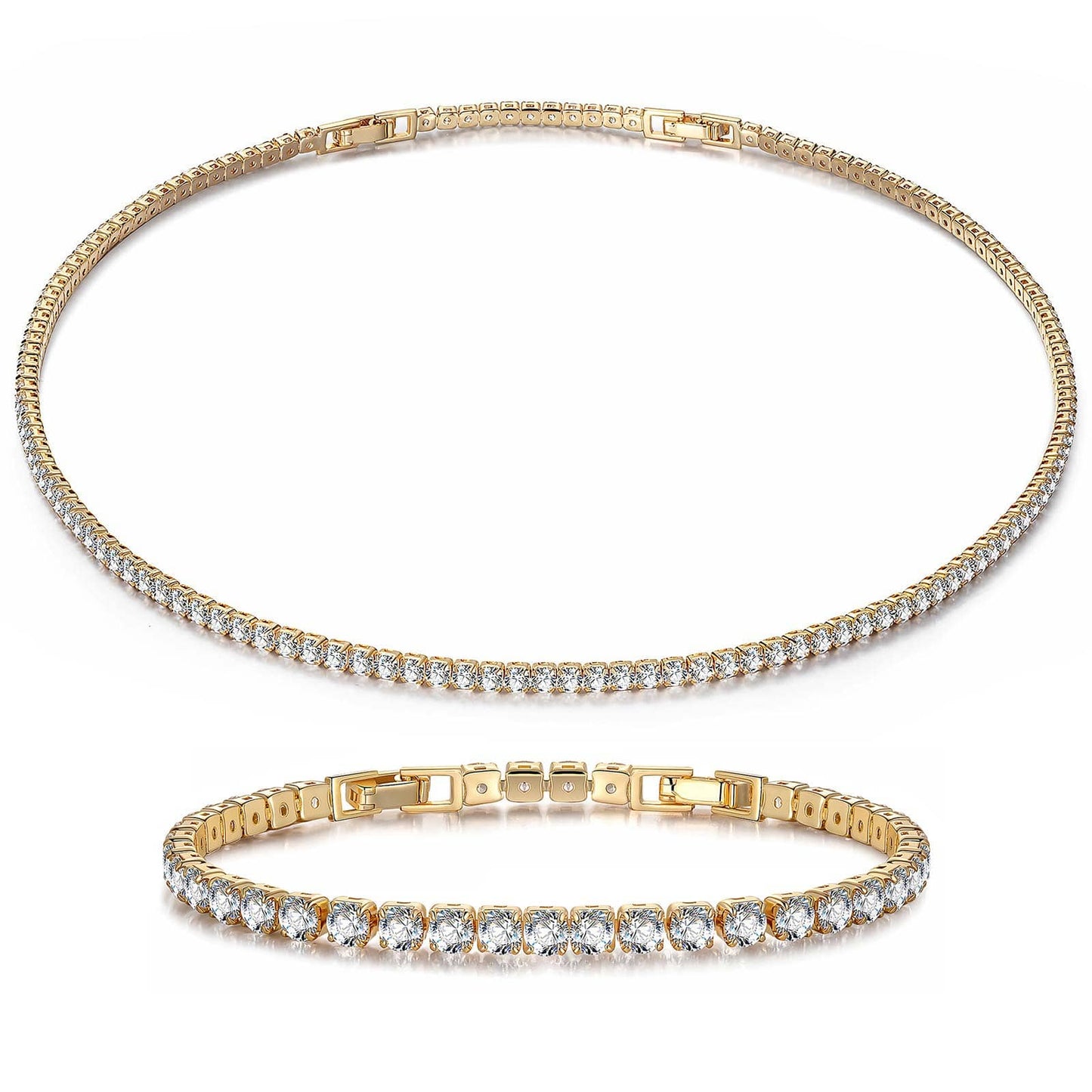 Sterling Silver Tennis Necklace and Bracelet Set with Extension Chain In 14K Gold Plated