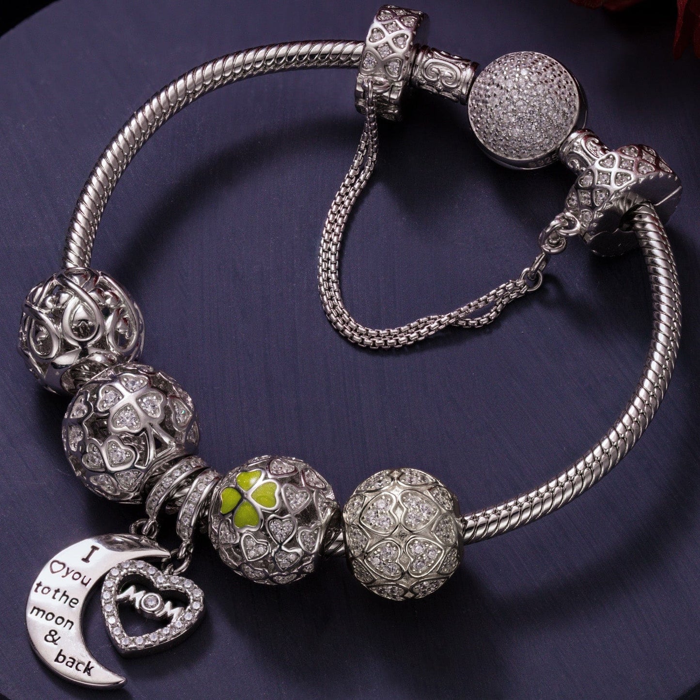 Sterling Silver Love and Luck Charms Bracelet Set With Enamel In White Gold Plated