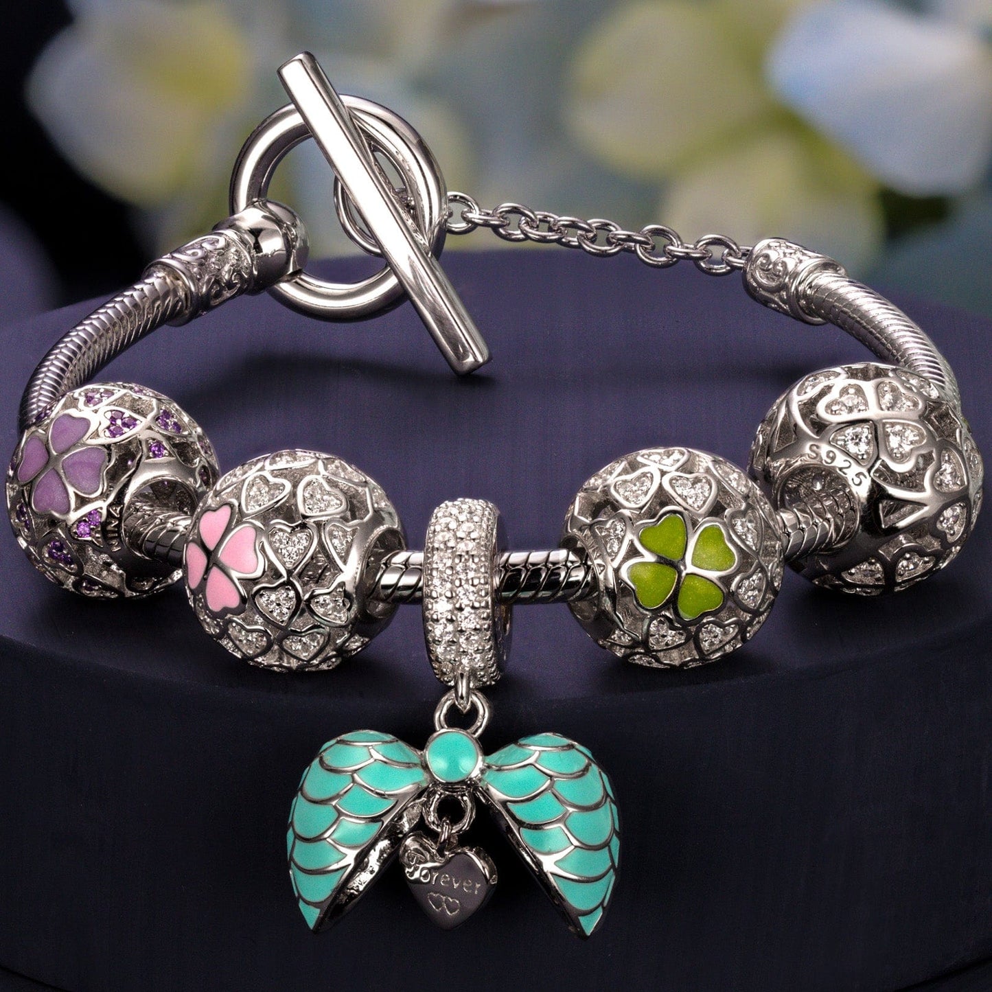 Sterling Silver Colorful Clover Charms Bracelet Set With Enamel In White Gold Plated