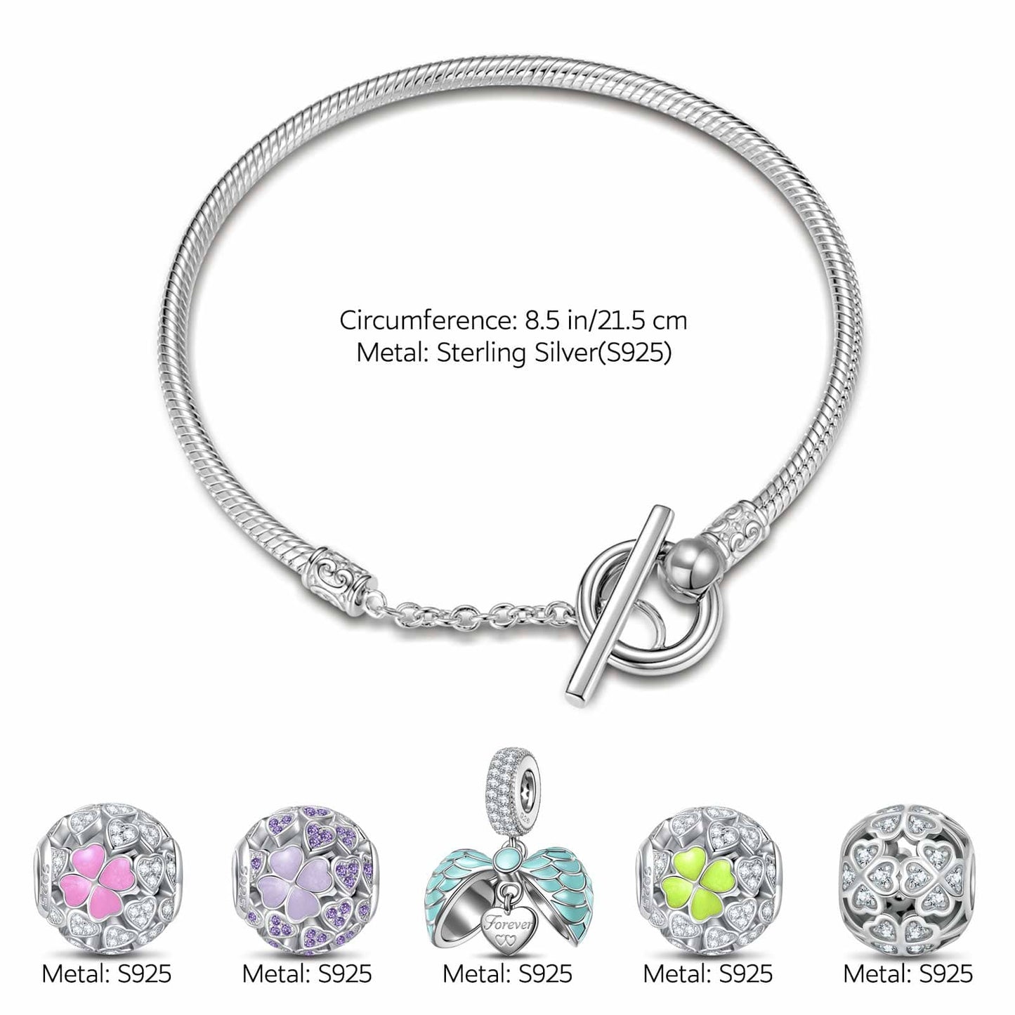 Sterling Silver Colorful Clover Charms Bracelet Set With Enamel In White Gold Plated