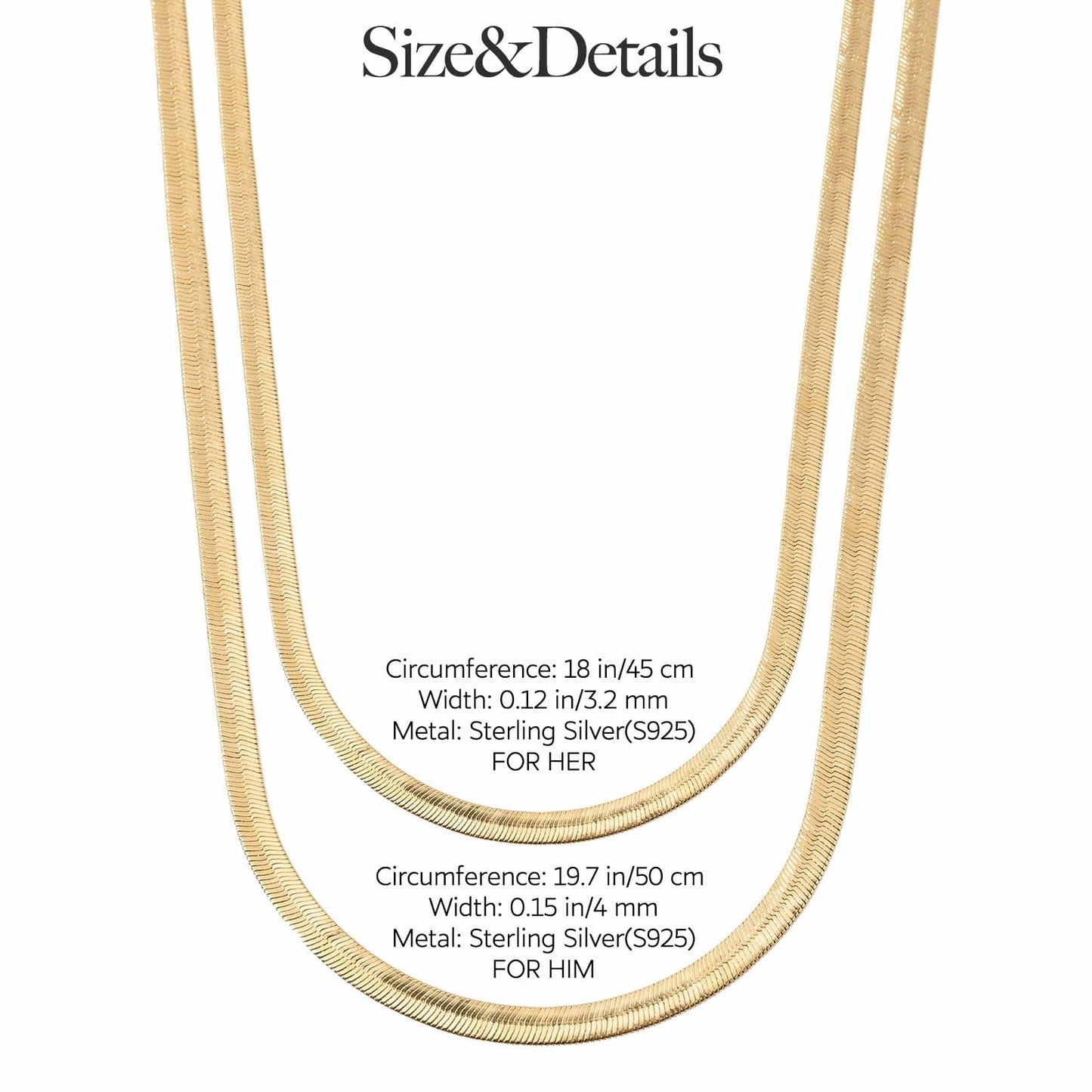 Sterling Silver Flat Snake Chain Couple Necklaces Set In 14K Gold Plated