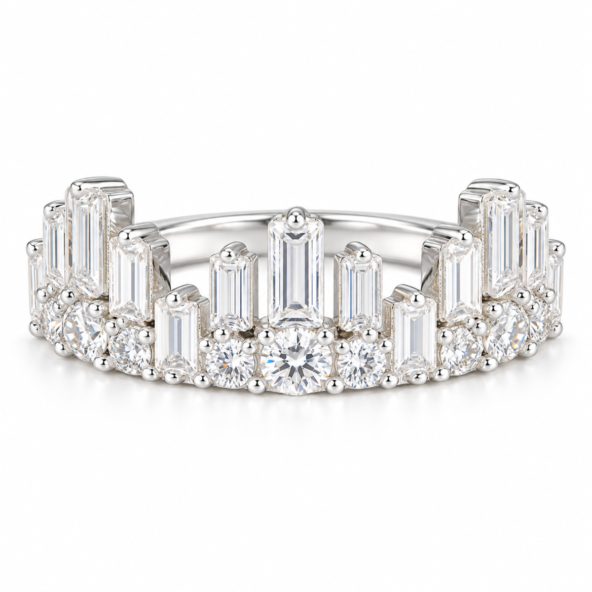 Silver Tone Baguette Crown Ring for Women Multi Row Clear Stone Statement Cocktail Ring Sparkling Fashion Jewelry Gift