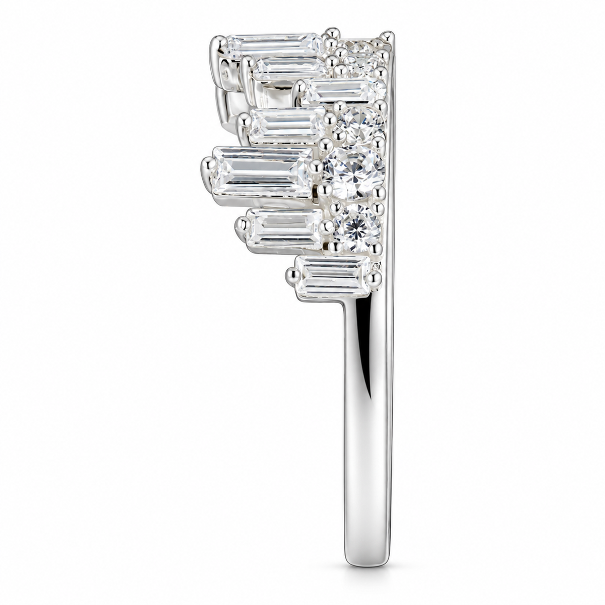 Silver Tone Baguette Crown Ring for Women Multi Row Clear Stone Statement Cocktail Ring Sparkling Fashion Jewelry Gift
