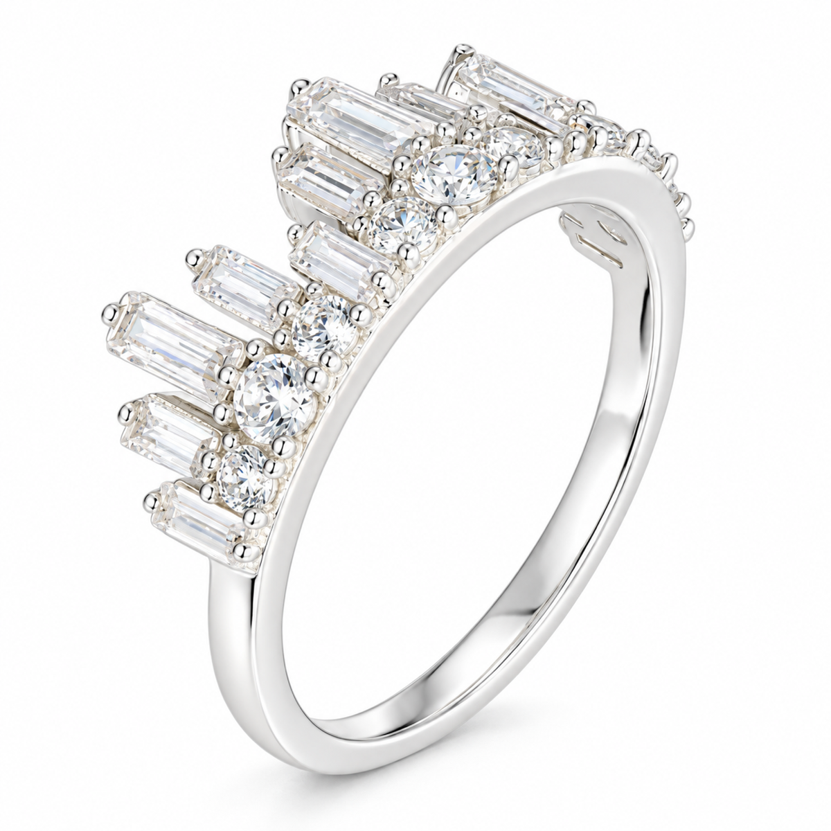 Silver Tone Baguette Crown Ring for Women Multi Row Clear Stone Statement Cocktail Ring Sparkling Fashion Jewelry Gift