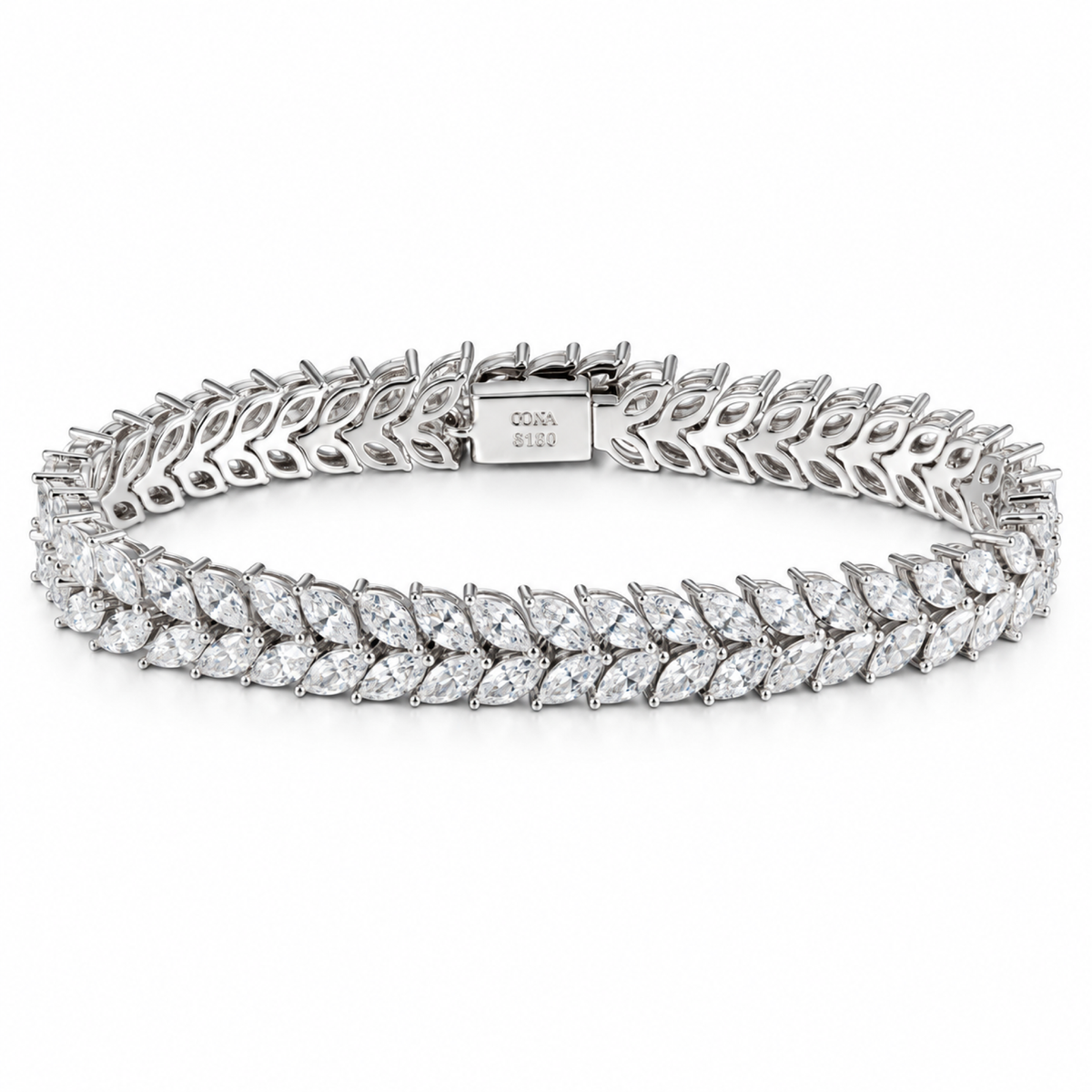 Silver Tone Double Row Marquise Leaf Bracelet for Women Clear Stone Statement Bracelet with Box Clasp Wedding and Party Jewelry