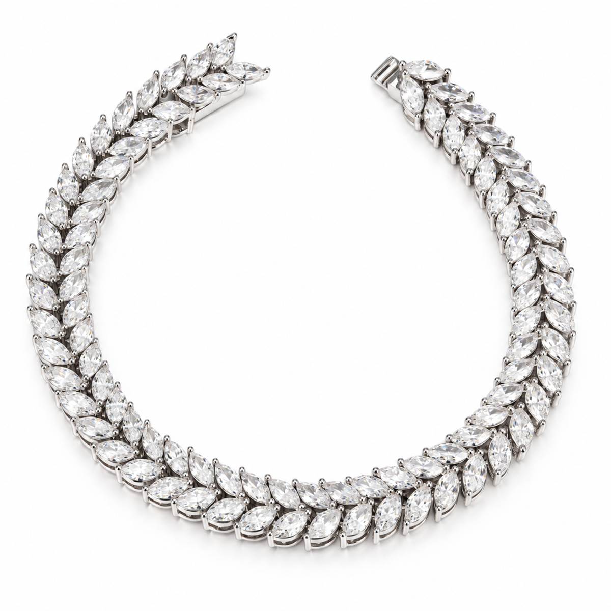 Silver Tone Double Row Marquise Leaf Bracelet for Women Clear Stone Statement Bracelet with Box Clasp Wedding and Party Jewelry