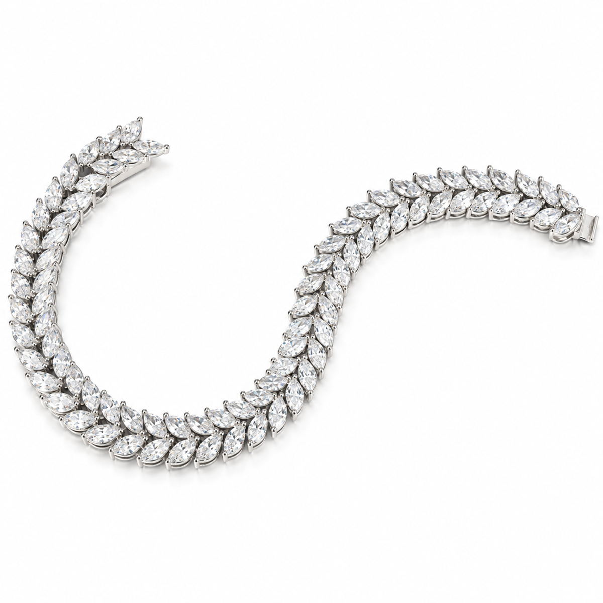 Silver Tone Double Row Marquise Leaf Bracelet for Women Clear Stone Statement Bracelet with Box Clasp Wedding and Party Jewelry