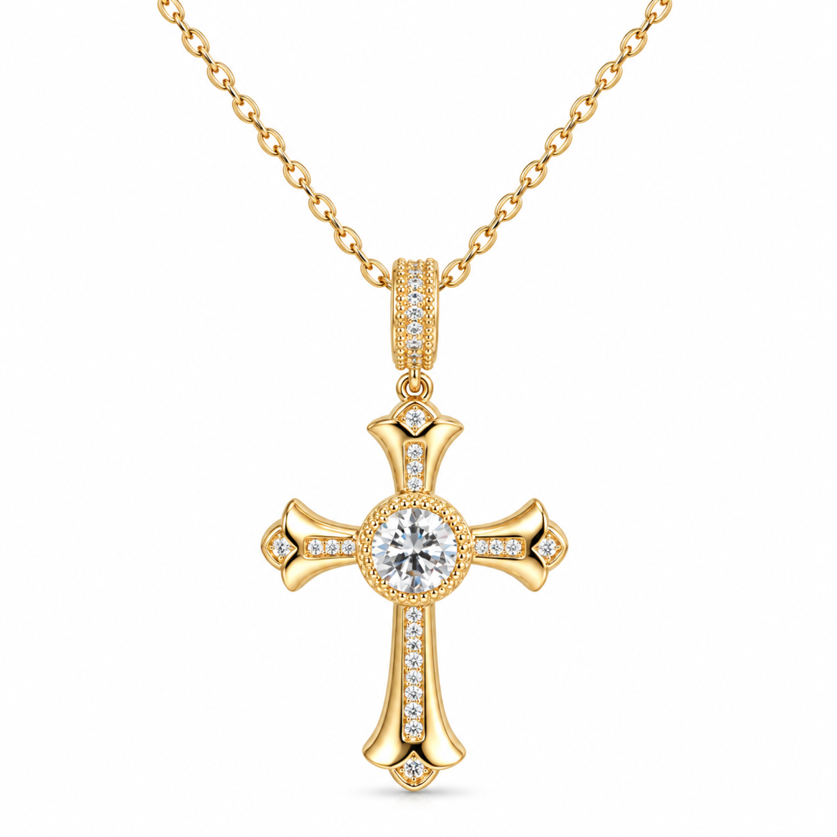 Gold Tone Cross Pendant Necklace for Women Clear Stone Vintage Faith Necklace with Sparkling Center Stone Gift for Her