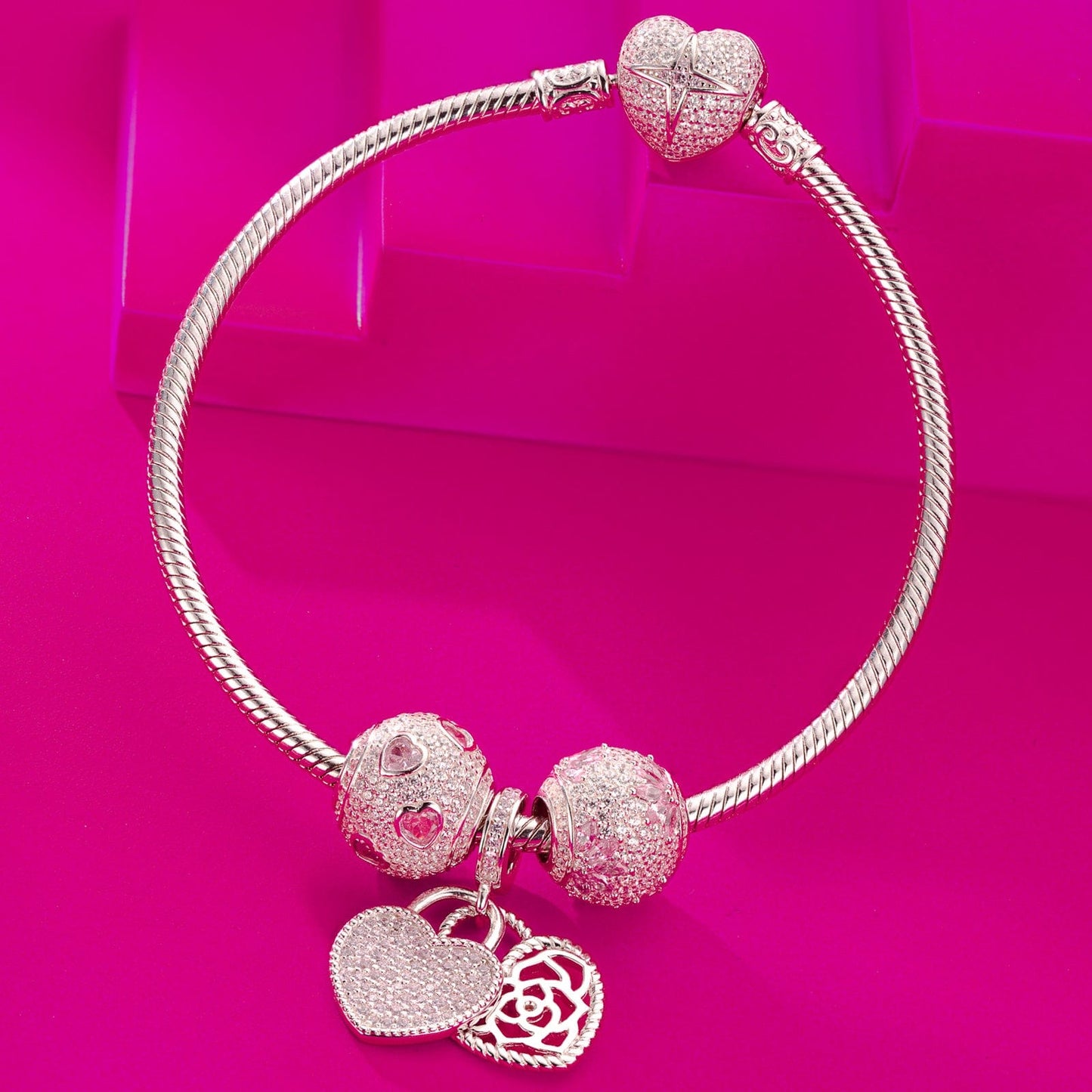 Sterling Silver Secretly Love Charms Bracelet Set With Enamel In White Gold Plated