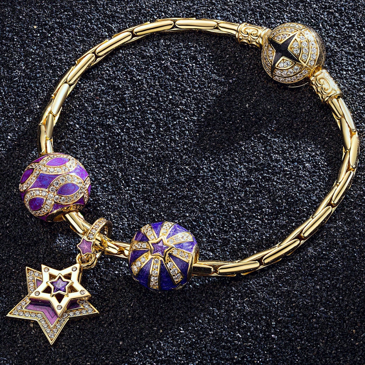 Sterling Silver Starry Night Charms Bracelet Set With Enamel In 14K Gold Plated