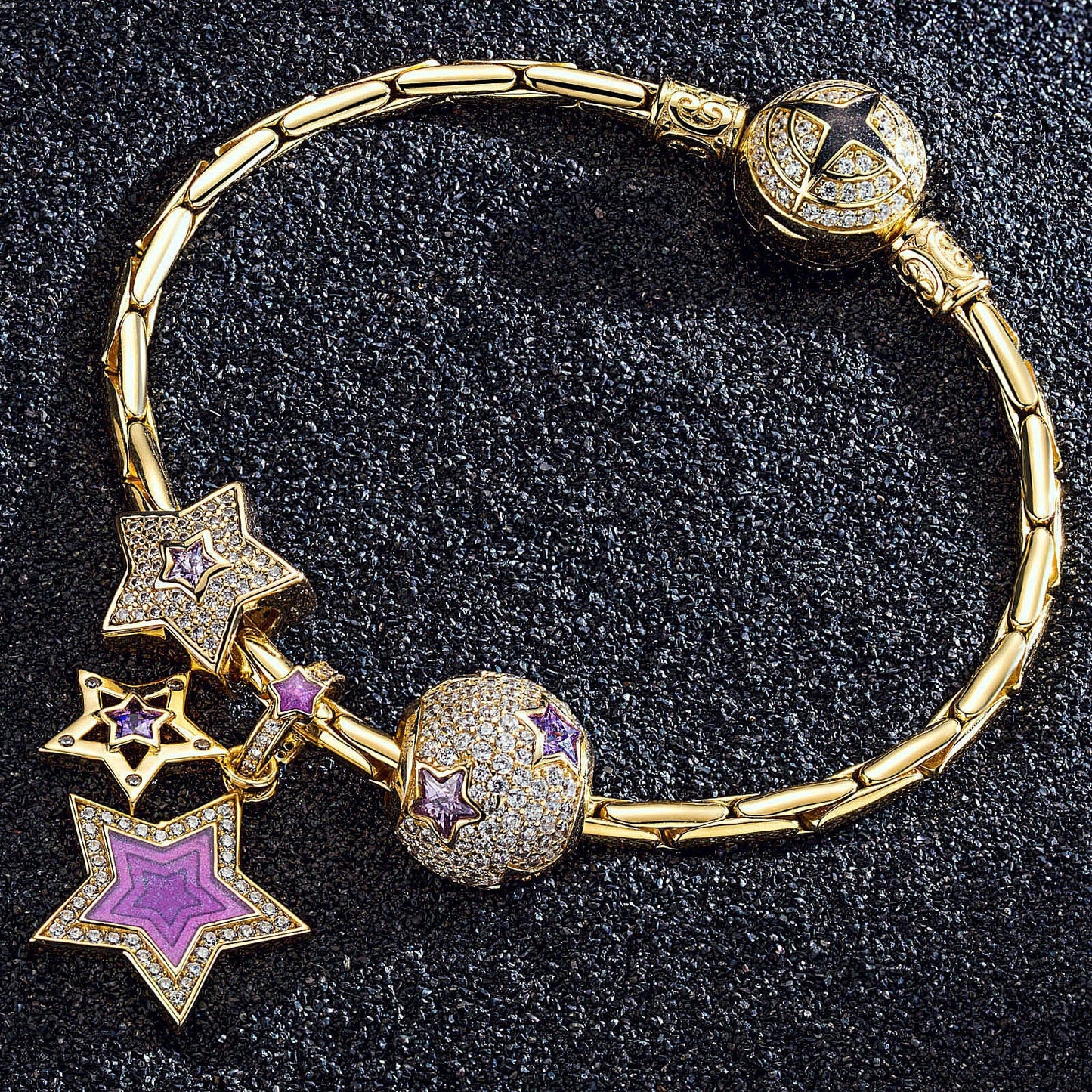 Sterling Silver Purple Star Charms Bracelet Set With Enamel In 14K Gold Plated