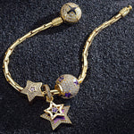 Sterling Silver Purple Star Charms Bracelet Set With Enamel In 14K Gold Plated