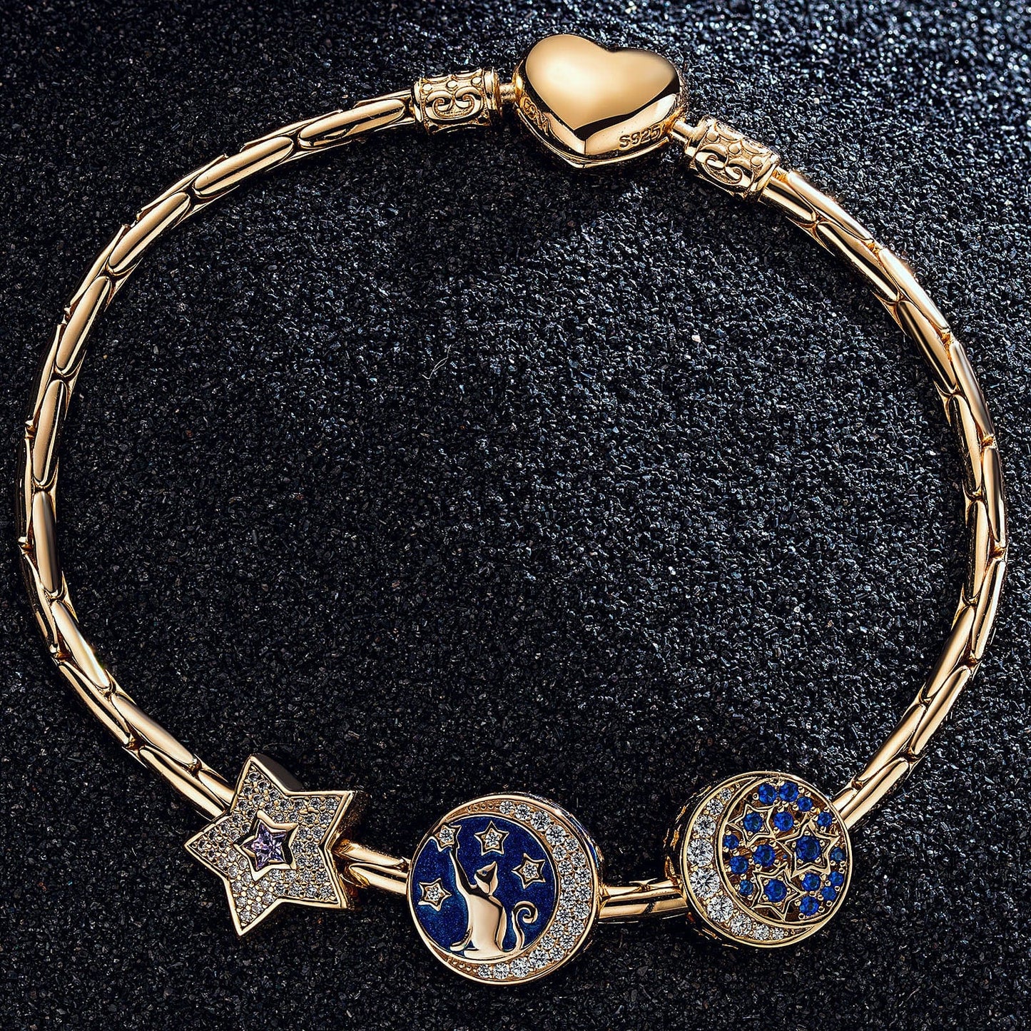 Sterling Silver Cat and the Stars Bamboo Chain Charms Bracelet Set With Enamel In 14K Gold Plated