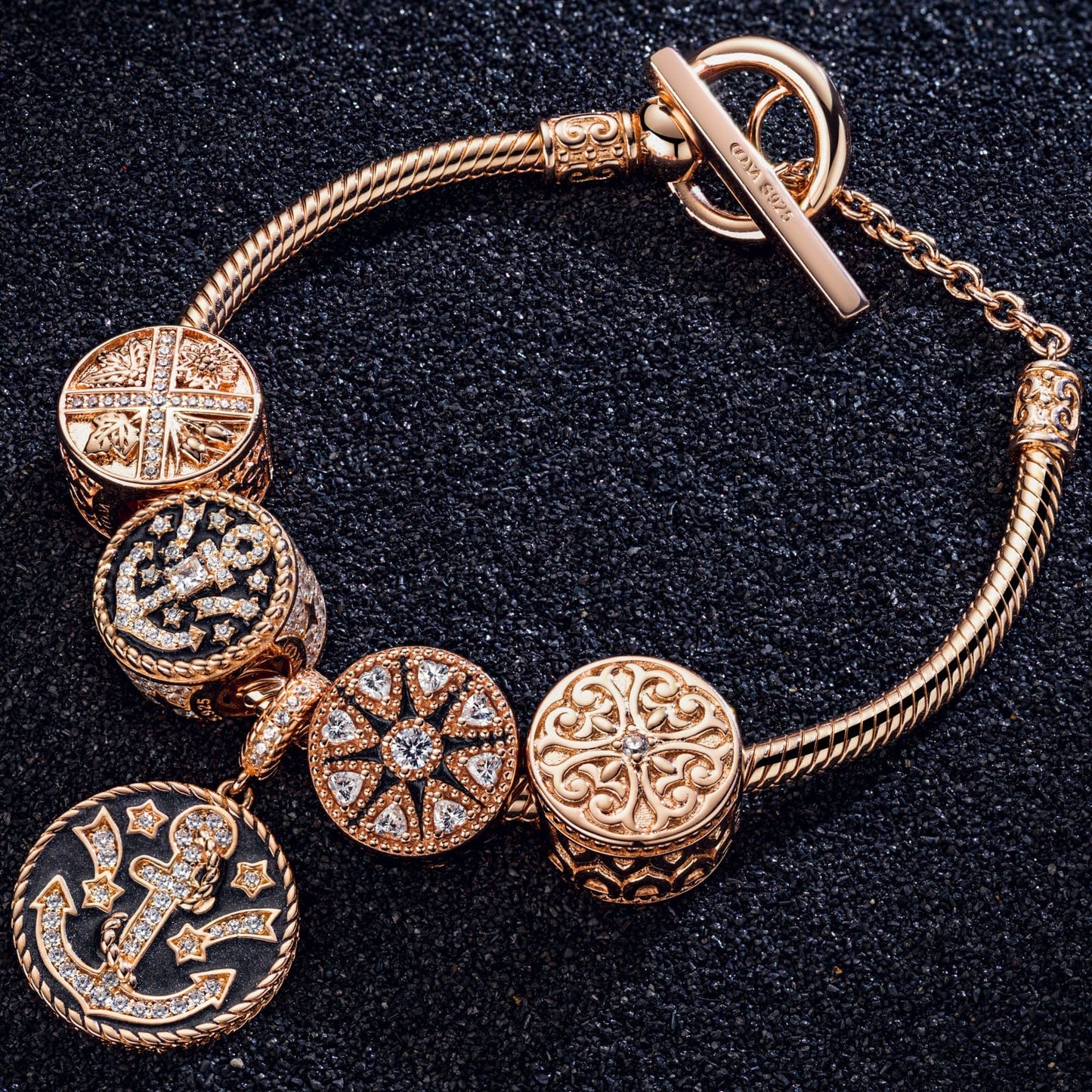 Christmas Tarnish-resistant Silver Charms Bracelet Set With Enamel In Rose Gold Plated