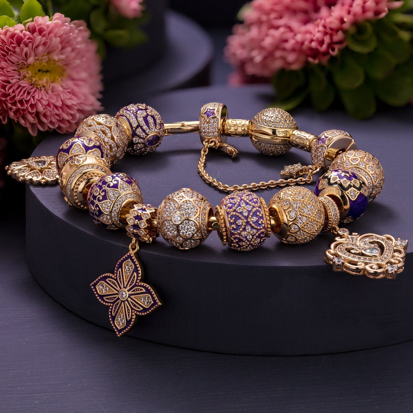 Sterling Silver Blooming Cherish and Bliss Charms Bracelet Set With Enamel In 14K Gold Plated