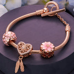 Pink Lovers Tarnish-resistant Silver Charms Bracelet Set With Enamel In Rose Gold Plated