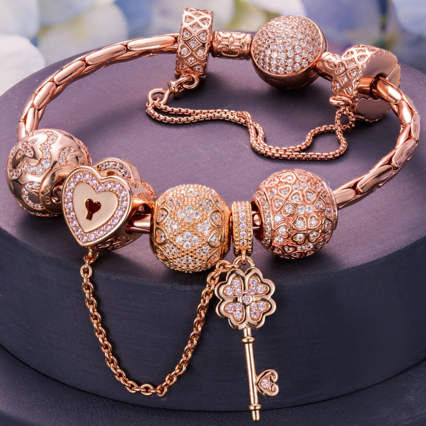 Key to Love Tarnish-resistant Silver Charms Bracelet Set In Rose Gold Plated