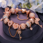 Sterling Silver Rose in the Heart Charms Bracelet Set In Rose Gold Plated