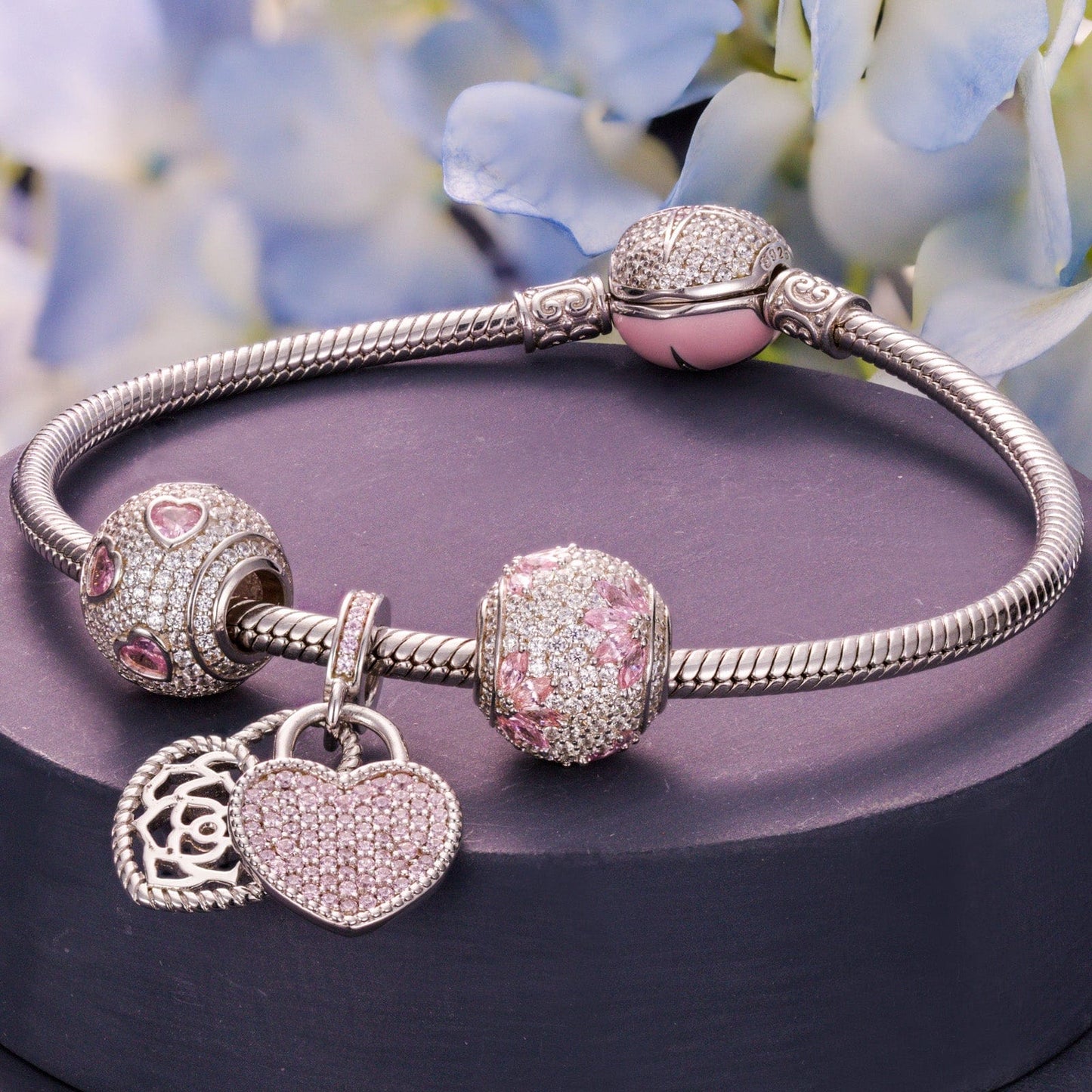 Sterling Silver Secretly Love Charms Bracelet Set With Enamel In White Gold Plated