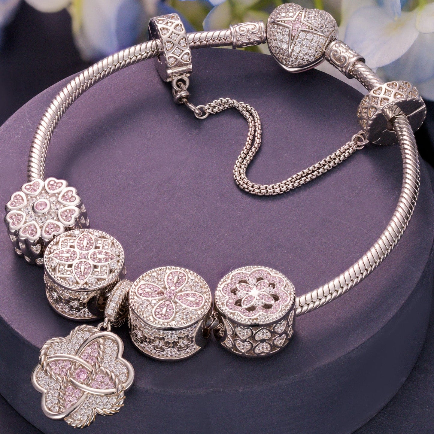 Sterling Silver Lucky Clover Charms Bracelet Set With Enamel In White Gold Plated