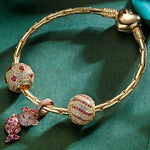 Sterling Silver Pink Mermaid Fish Charms Bracelet Set With Enamel In 14K Gold Plated