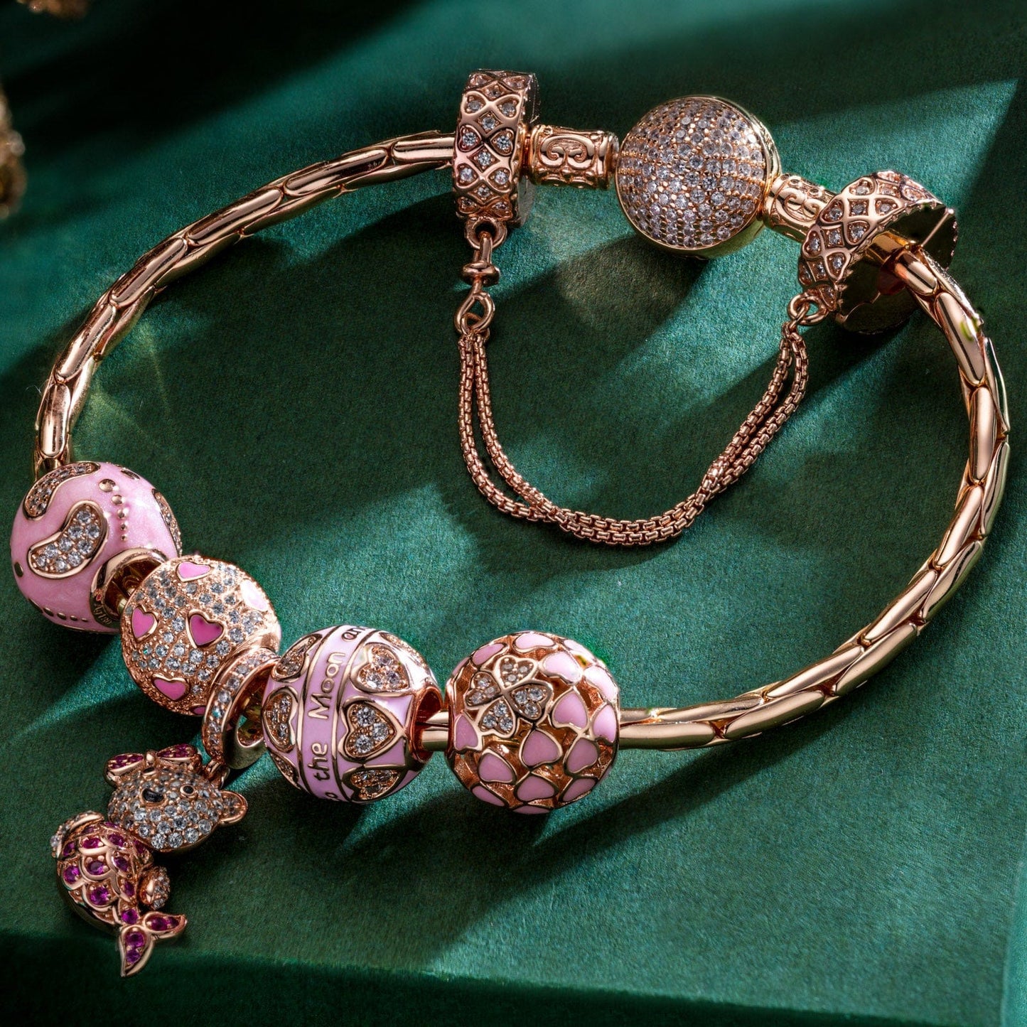 Sterling Silver Fantasy Island Charms Bracelet Set With Enamel In Rose Gold Plated