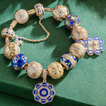 Sterling Silver Ice and Blue Charms Bracelet Set With Enamel In 14K Gold Plated