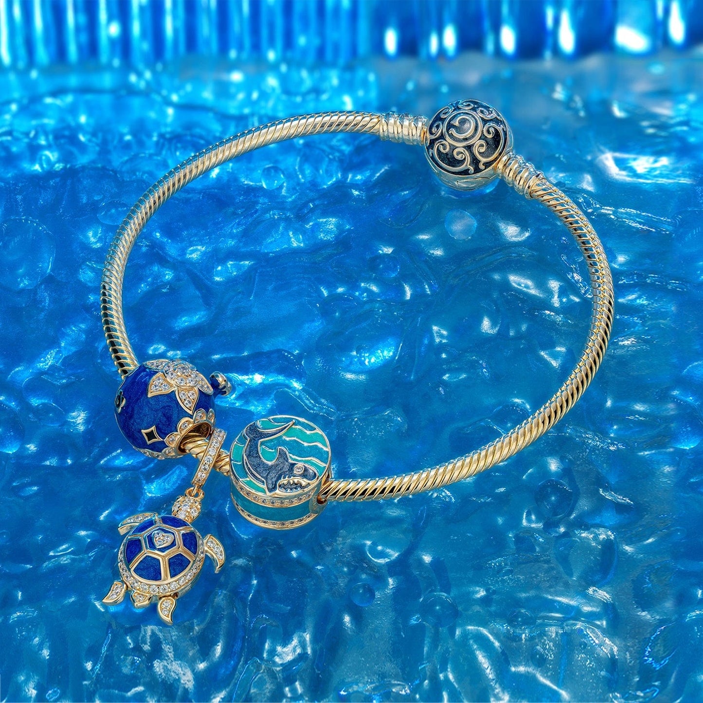 Blue Turtle Tarnish-resistant Silver Dangle Charms With Enamel In 14K Gold Plated - GONA