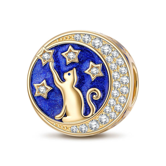 gon- Cat Picking Stars Tarnish-resistant Silver Charms With Enamel In 14K Gold Plated - GONA