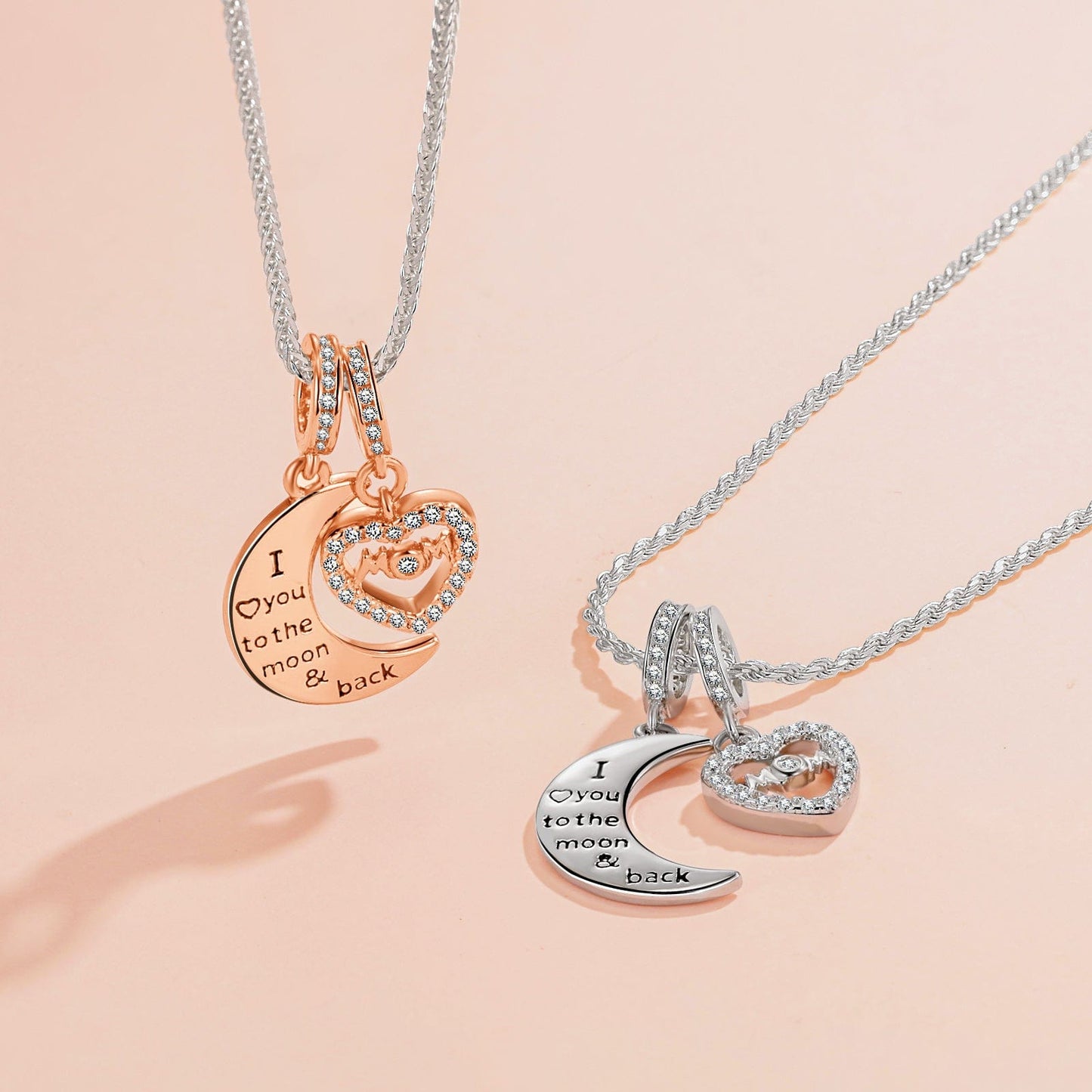 Sterling Silver Moon & Love To Mom Charms With Enamel In Rose Gold Plated