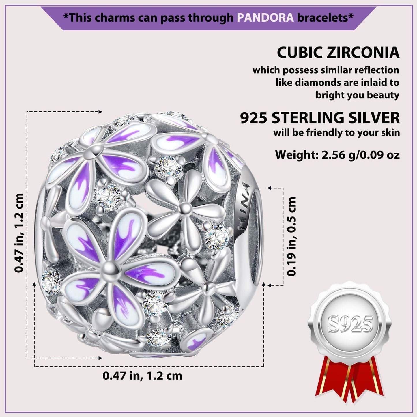 Sterling Silver Blossom Charms With Enamel In White Gold Plated