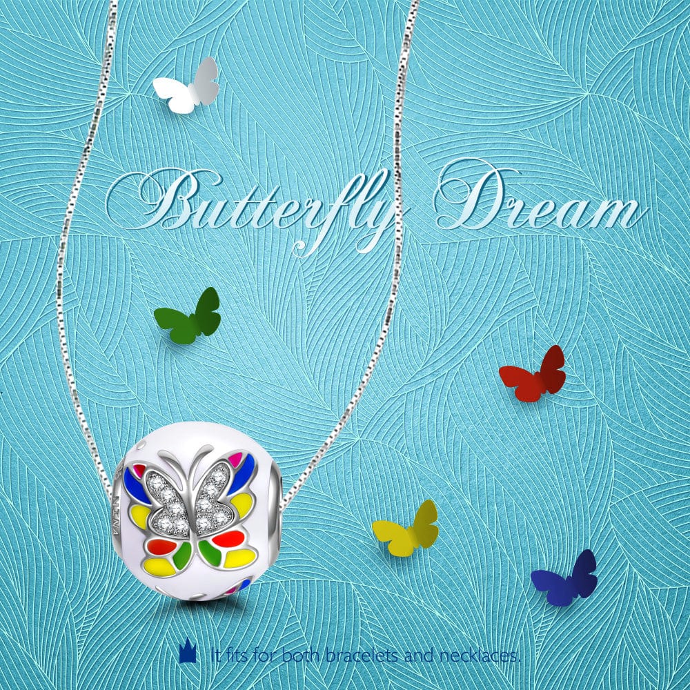 Sterling Silver Colorful Butterfly Charms With Enamel In White Gold Plated