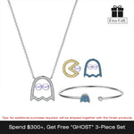 Sterling Silver Pac-Man Necklace and Beacelet and Earrings Set In White Gold Plated
