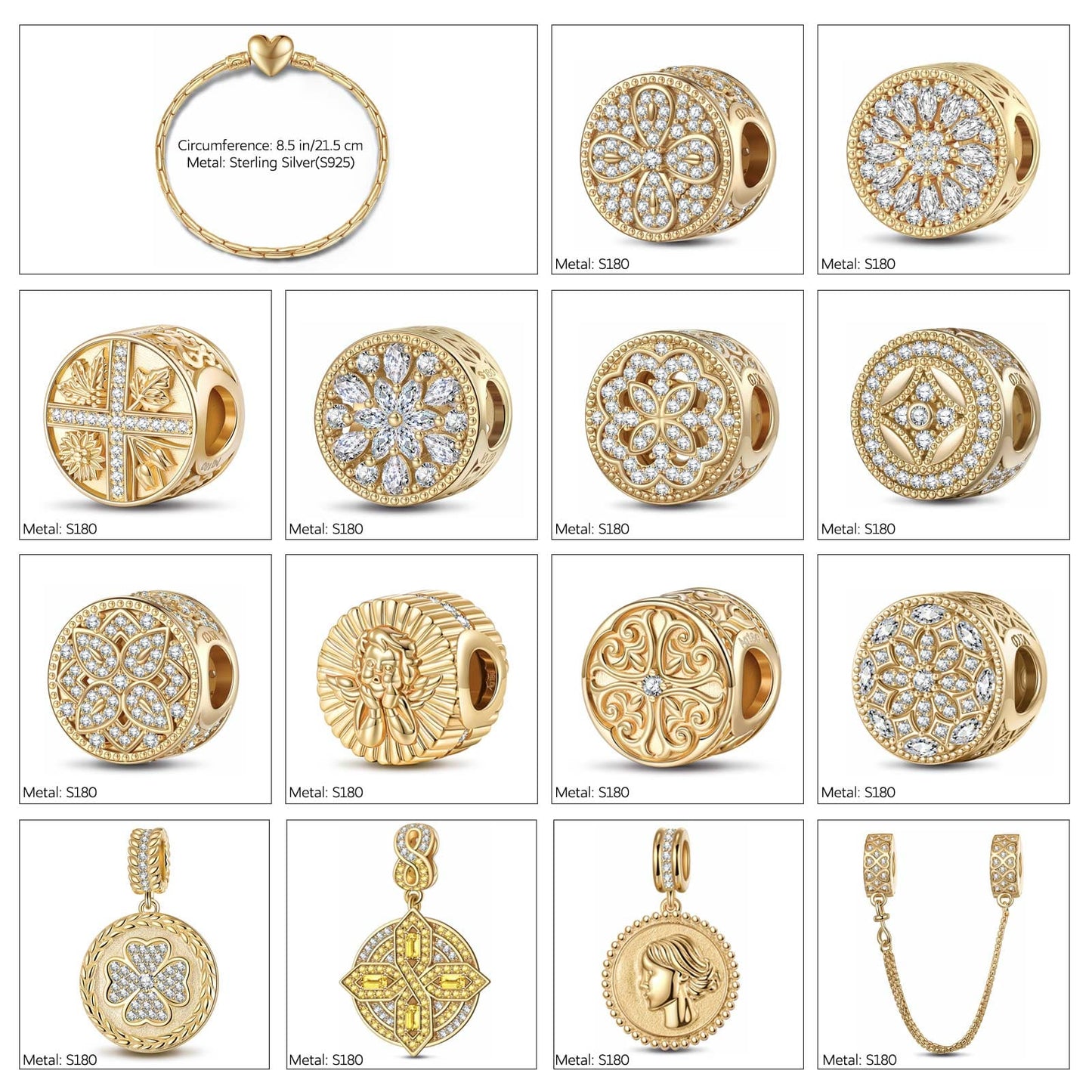 Sterling Silver A Journey Through Time Charms Bracelet Set With Enamel In 14K Gold Plated
