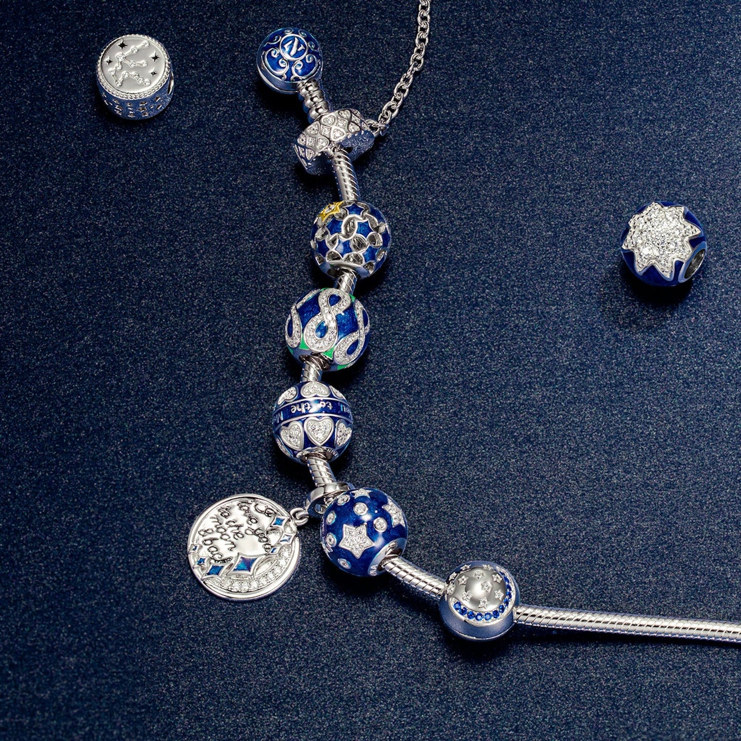 Sterling Silver Blue Starry Night Charms With Enamel In Two-Tone Plating