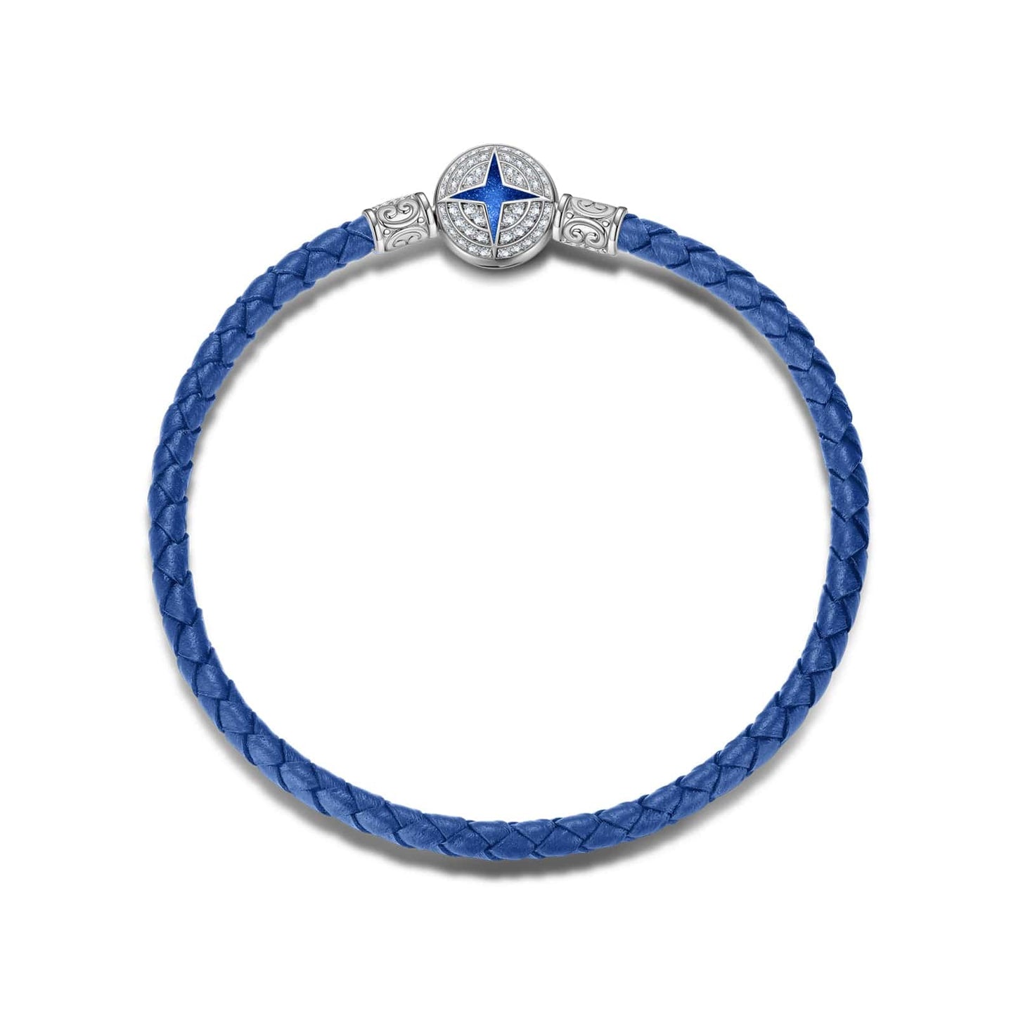 Sterling Silver Universal Polaris Blue Leather Bracelet In White Gold Plated
