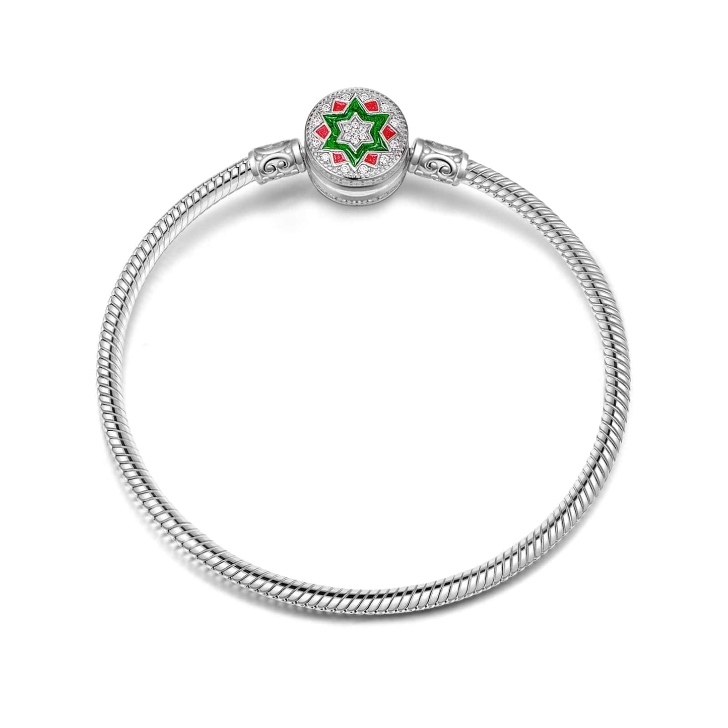 Sterling Silver Christmas Tree Snake Chain Bracelet With Enamel In White Gold Plated