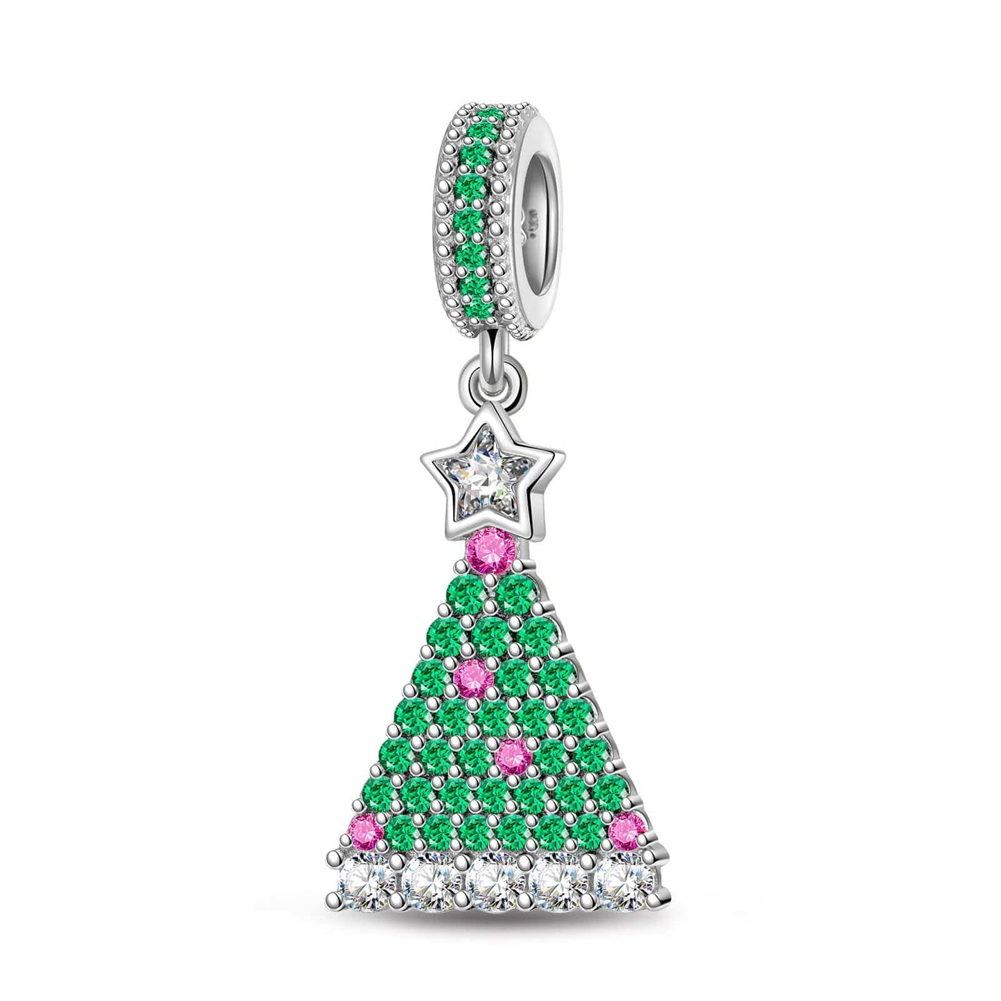 Sterling Silver Green Magical Christmas Tree Dangle Charms In White Gold Plated