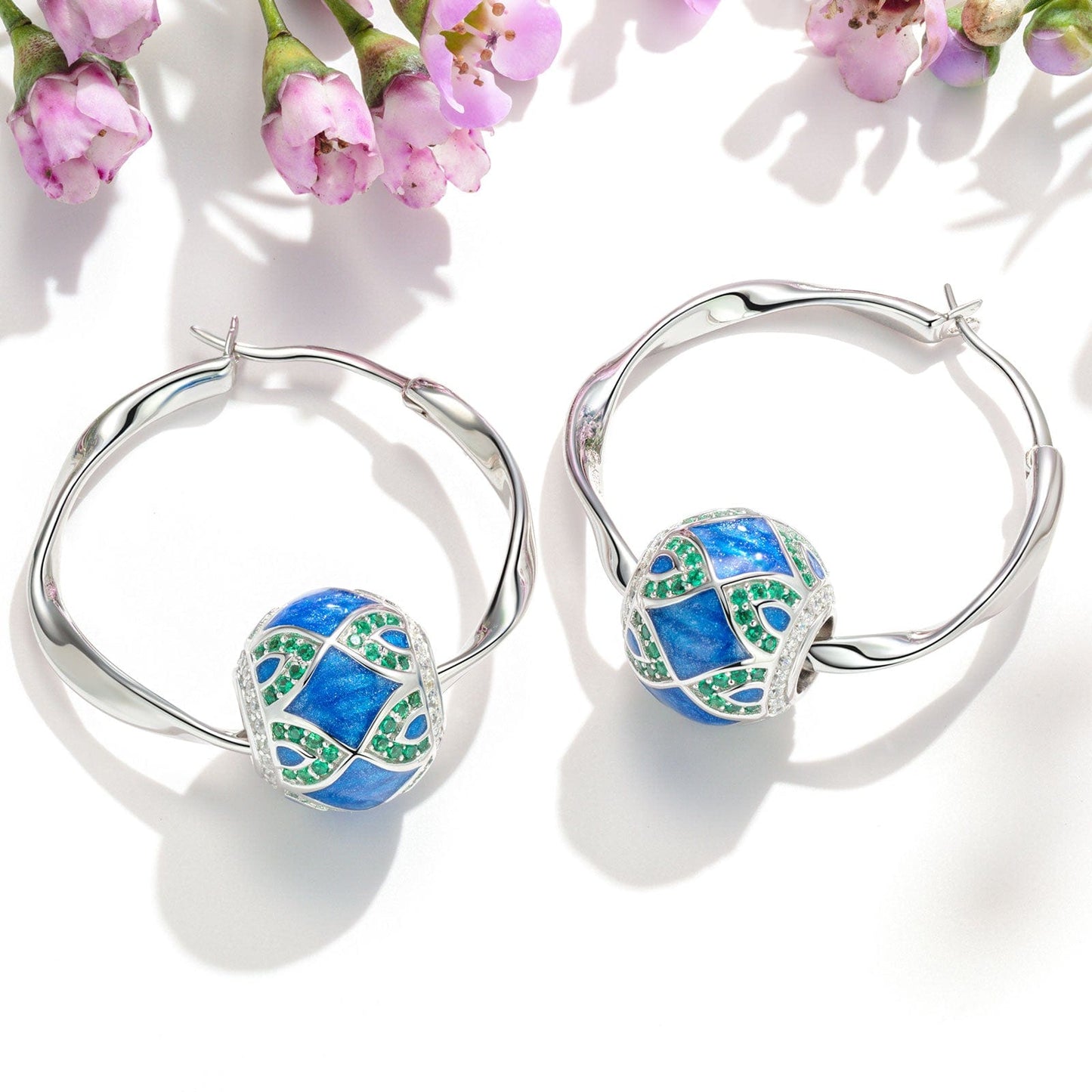 Sterling Silver Fantasy Forest Hoop Earrings With Enamel In White Gold Plated