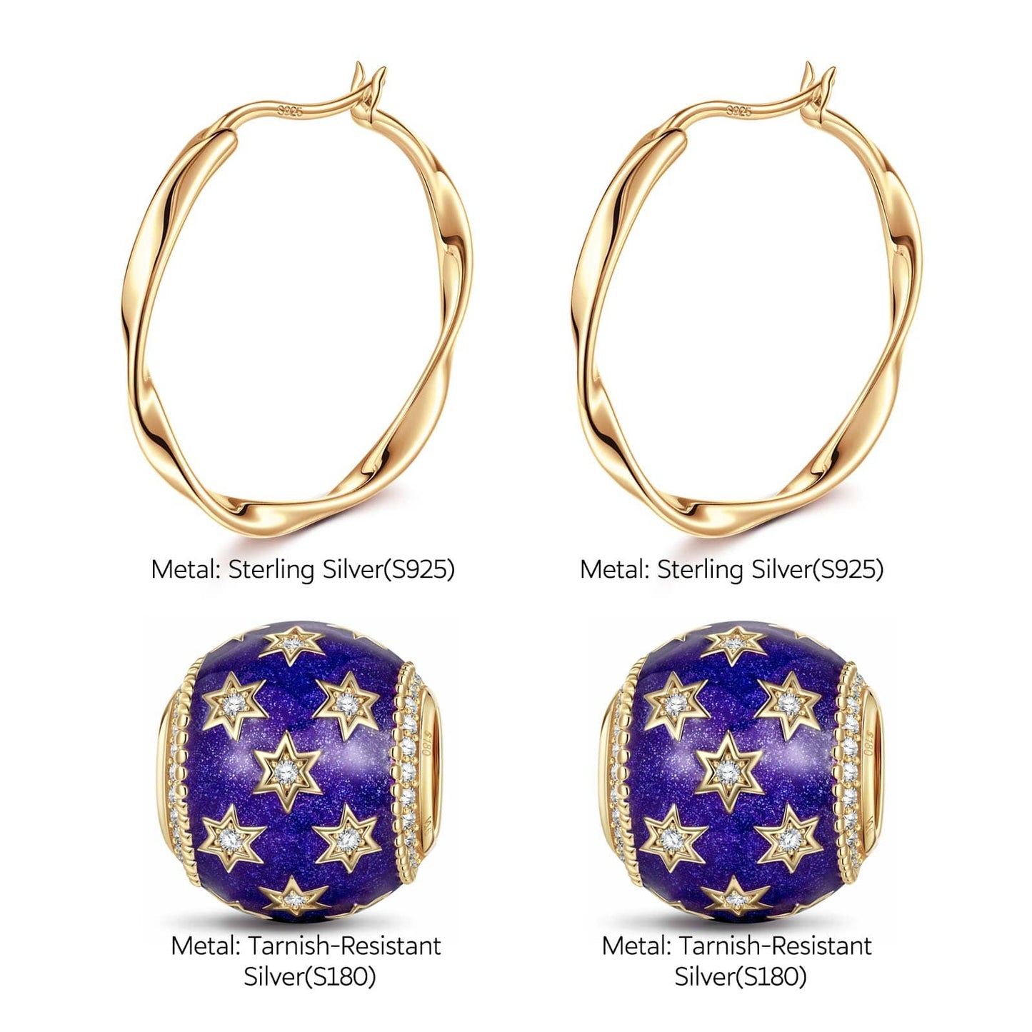 Sterling Silver Violet Starry Sky Charms Earrings Set With Enamel In 14K Gold Plated