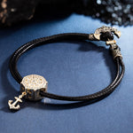 Helmsman Tarnish-resistant Silver Leather Charms Bracelet Set In 14K Gold Plated