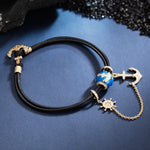 Boat Anchor Tarnish-resistant Silver Leather Charms Bracelet Set With Enamel In 14K Gold Plated