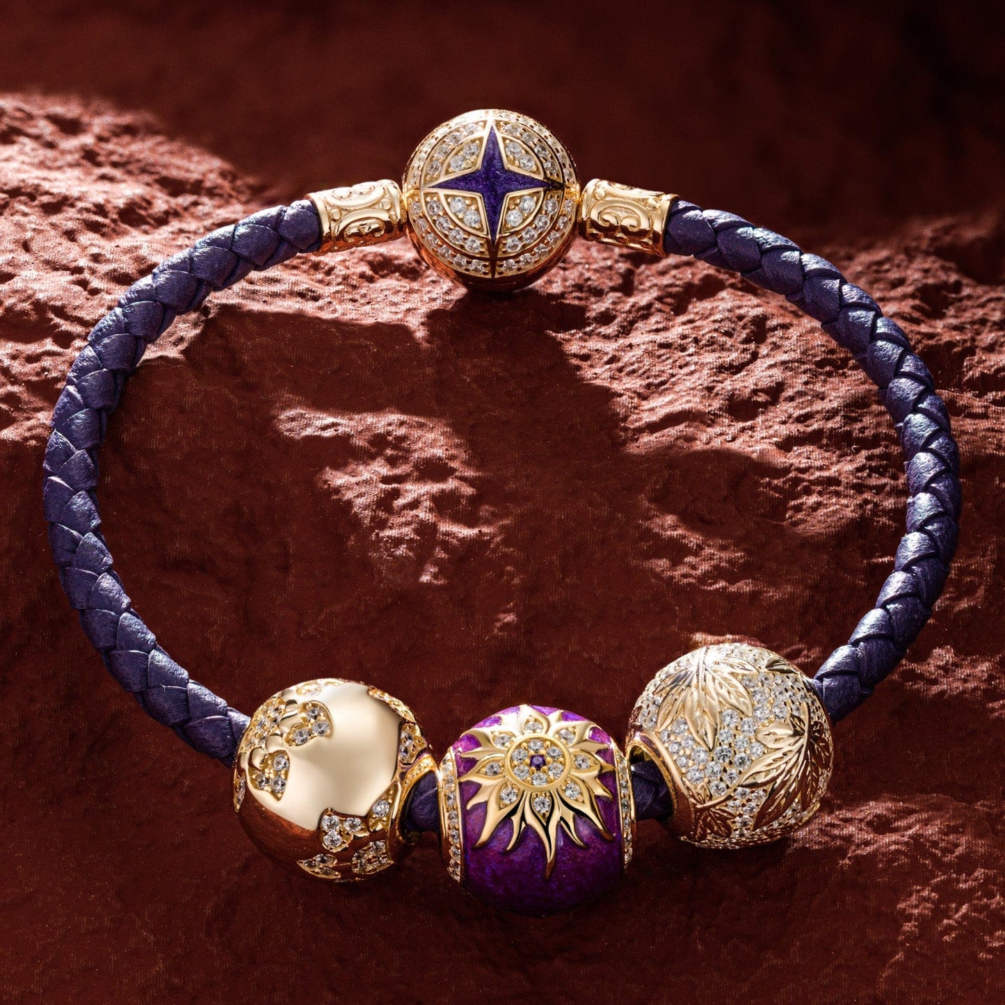 Blooming Mulberry Purple Tarnish-resistant Silver Charms Bracelet Set With Enamel In 14K Gold Plated