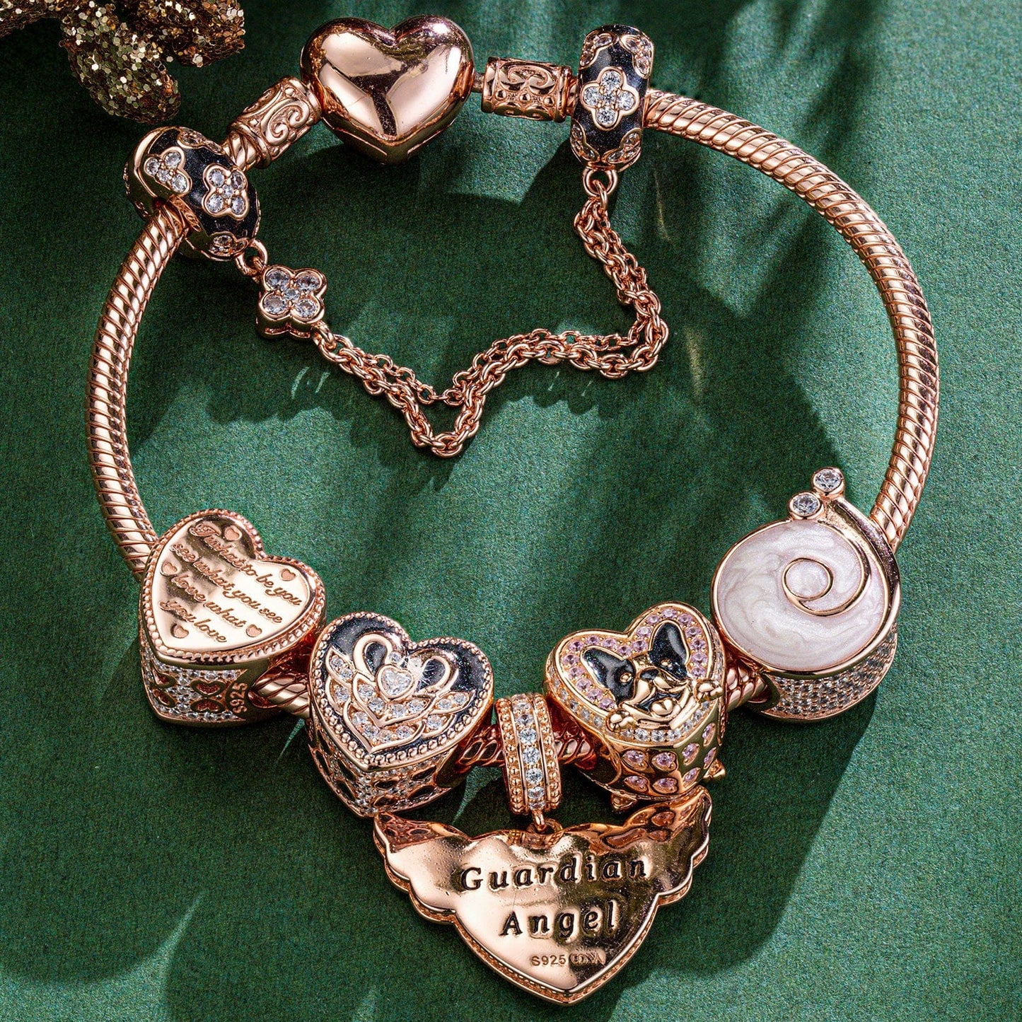Inseparable Soulmates Tarnish-resistant Silver Animals Charms Bracelet Set With Enamel In Rose Gold Plated