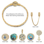 Sterling Silver Blue Ocean Charms Bracelet Set With Enamel In 14K Gold Plated