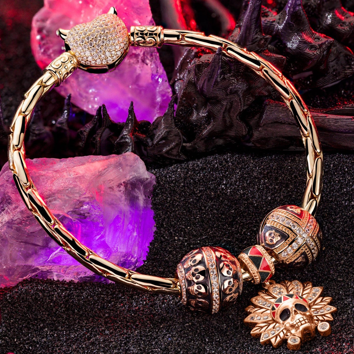 Sterling Silver Halloween & Skull Charms Bracelet Set With Enamel In Rose Gold Plated