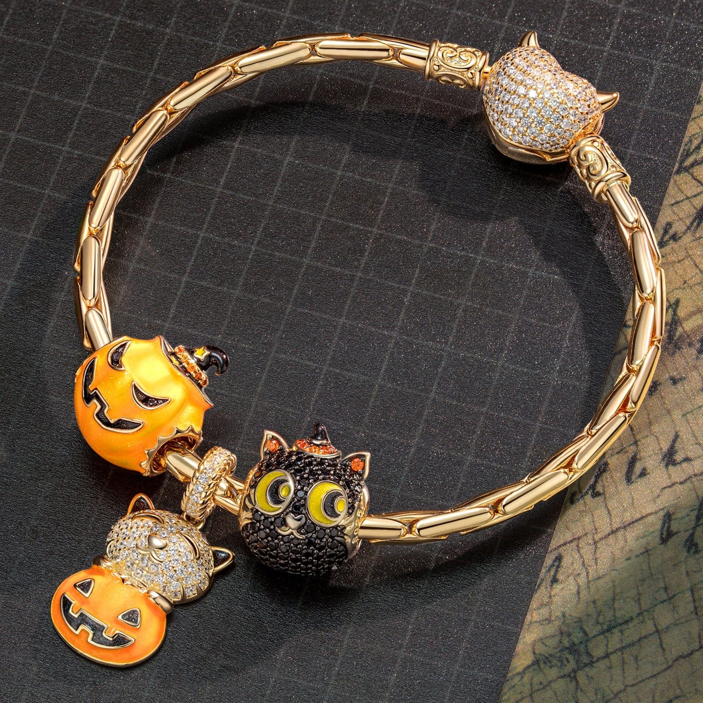 Sterling Silver Pumpkin Elf Charms Bracelet Set With Enamel In 14K Gold Plated