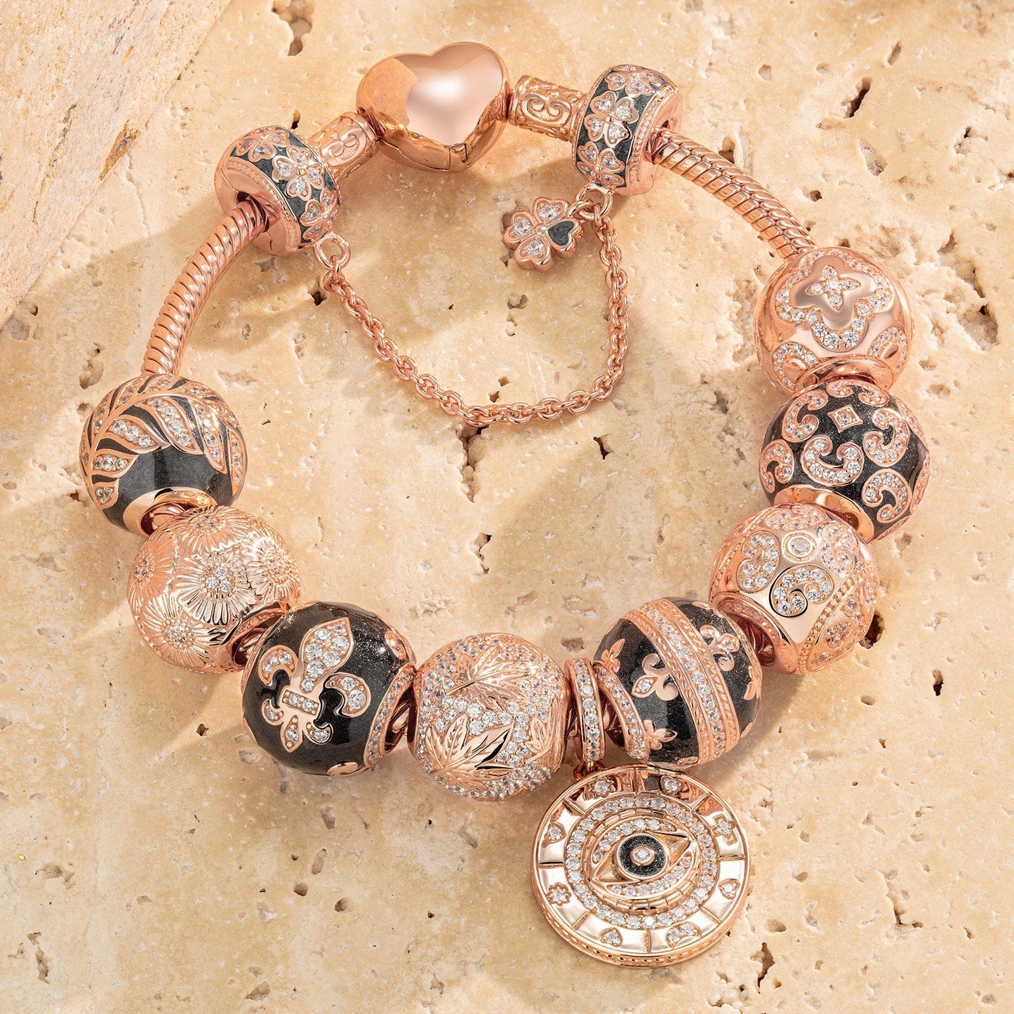 Memories Of Versailles Tarnish-resistant Silver Charms Bracelet Set With Enamel In Rose Gold Plated